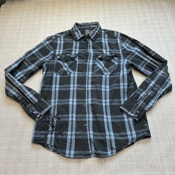 MMA Elite Shirt Mens Medium Button Up‎ Grey Plaid Embroidered Retro Rock Grunge - Picture 1 of 9